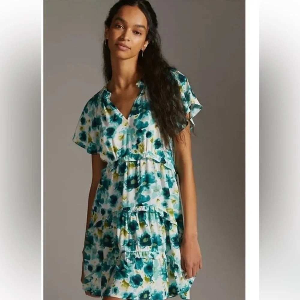 Anthro Robin Tiered Ruffle Dress Watercolor Floral Flutter Sleeve Teal Women XS